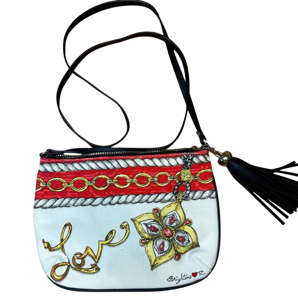Brighton Love Glitter & Go canvas crossbody bag with a leather tassel  10 x 7.5”